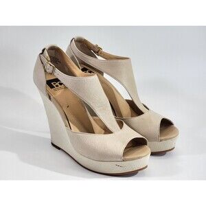 HHP Women's Size 8.5 BC‎ Tan Leather T-Strap Wedge Pumps High Heel Shoes EUC